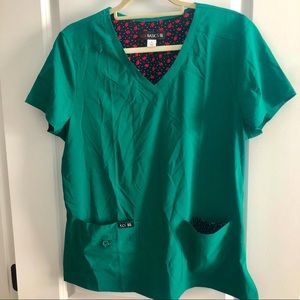 koi Teal V-Neck Medical Scrub Top with Cherry-Print Lining
